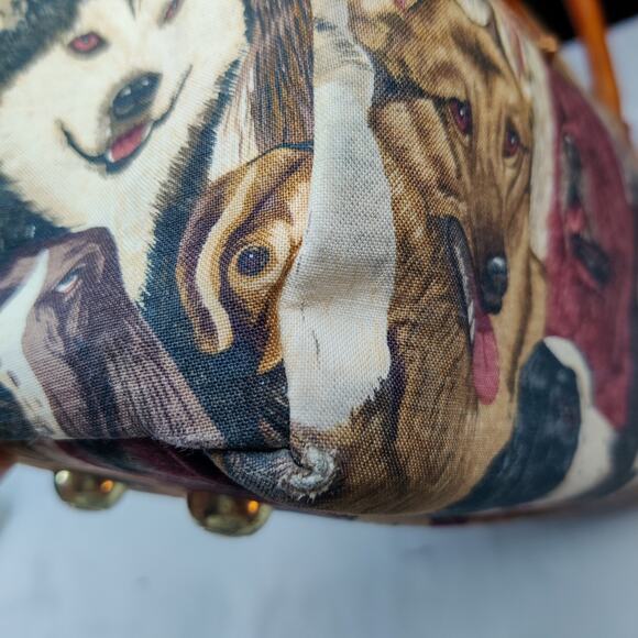 Vintage Canvas Dog Print Animal Tapestry Barrel Handbag Leather Handle Tote Bag - Picture 14 of 15